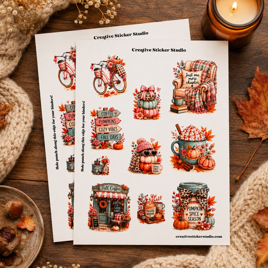 Two sheets of autumn-themed sticker designs displayed on a rustic wooden table surrounded by cozy props like a knitted blanket, a lit candle, and dried leaves. The stickers feature fall illustrations including a bicycle, pumpkins, a cozy armchair, a coffee shop, and seasonal quotes.