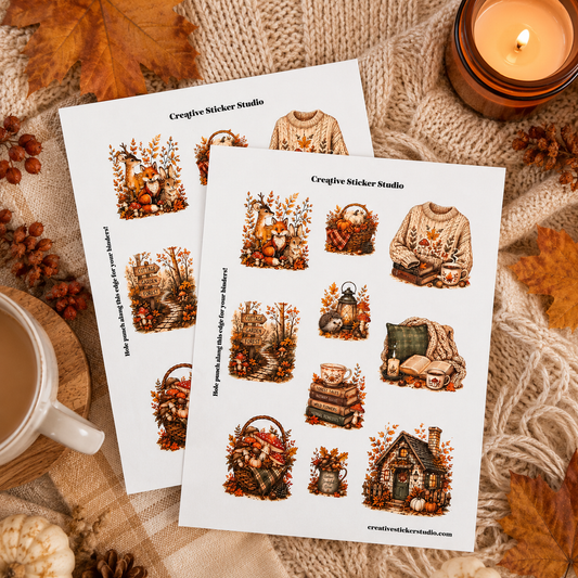 Two printed sticker sheets from Creative Sticker Studio featuring cozy autumn-themed illustrations, styled on a knitted beige blanket with fall leaves, pinecones, a mug of coffee, and a lit candle.