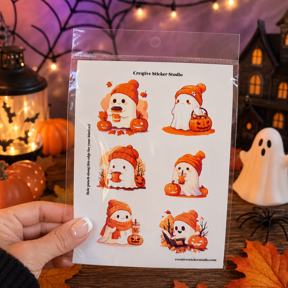 A hand holds a clear plastic bag containing six cute cartoon ghost stickers wearing orange hats and scarves, set against a Halloween-themed background with pumpkins, a ghost, and a lantern.