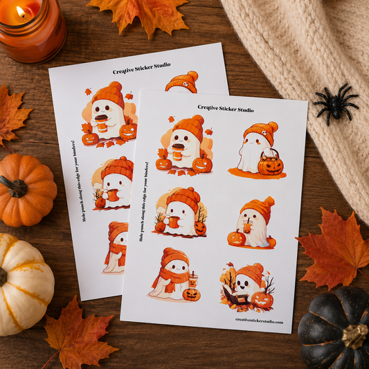 Two sheets of cute ghost Halloween stickers displayed on a wooden tabletop with autumn leaves, pumpkins, a candle, and a knitted blanket. The sheets feature various cartoon ghost designs wearing orange hats and scarves with jack-o'-lanterns.