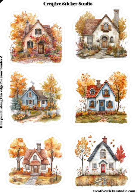 Six watercolor-style house stickers arranged in a 3-by-2 grid on a white sheet, with the text 'Creative Sticker Studio' at the top and a vertical warning along the left edge. The houses are decorated in autumn colors including orange, yellow, red, and brown foliage.