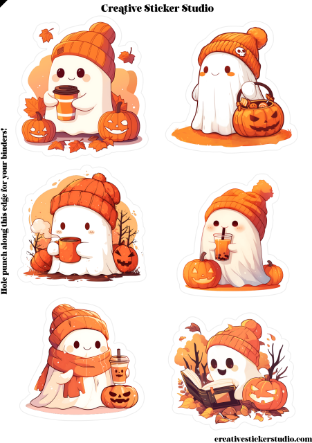 Six Halloween-themed sticker designs featuring cute cartoon ghosts wearing orange beanies and scarves, each holding pumpkins, autumn leaves, a drink, or a book. The image is labeled 'Creative Sticker Studio' at the top and shows the sticker sheet design on a white background.