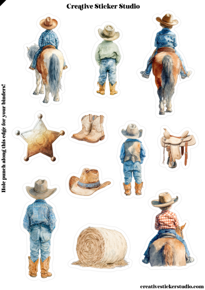 A sheet of watercolor-style cowboy and cattle stickers from Creative Sticker Studio, featuring illustrated figures, hats, boots, a saddle, and a hay bale on a white background.