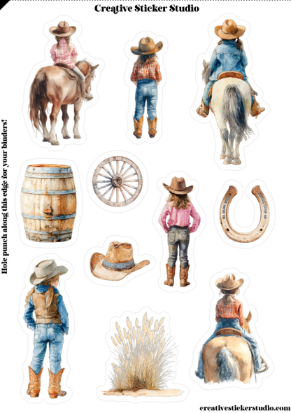 A sheet of watercolor-style stickers featuring western children, horses, a barrel, a wagon wheel, a horseshoe, cowboy hats, boots, and a small plant, with the text 'Creative Sticker Studio' at the top and a website URL at the bottom.