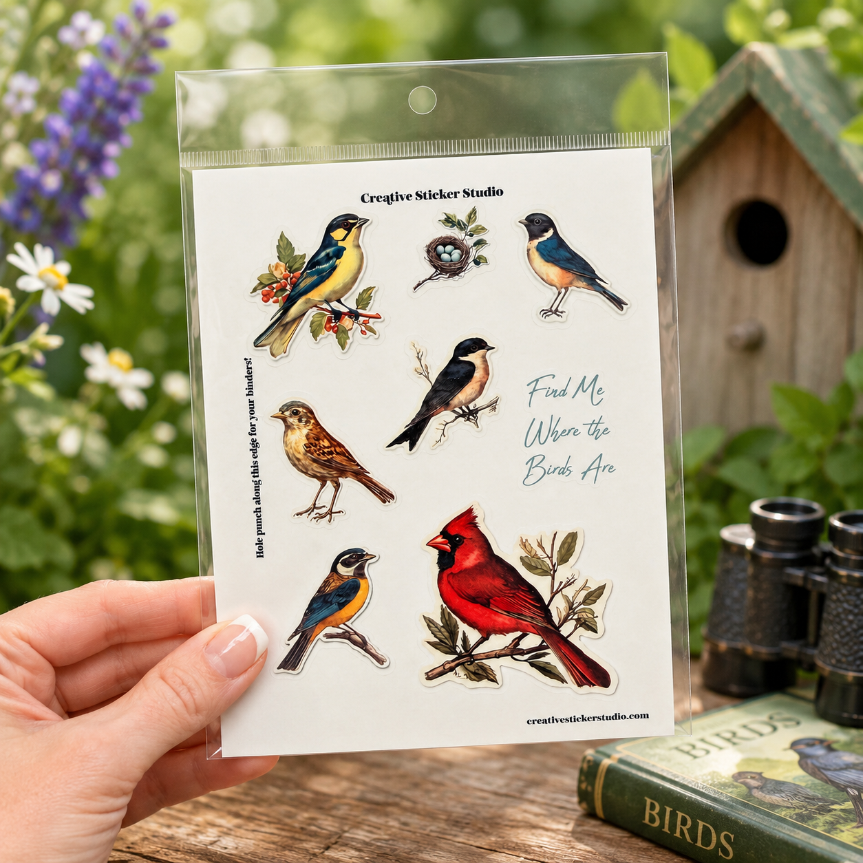 A hand holds a clear plastic package containing bird-themed sticker sheets with illustrated birds and the text 'Creative Sticker Studio' and 'Find My When the Bird Is Here,' set against a garden background with flowers, a birdhouse, and binoculars.