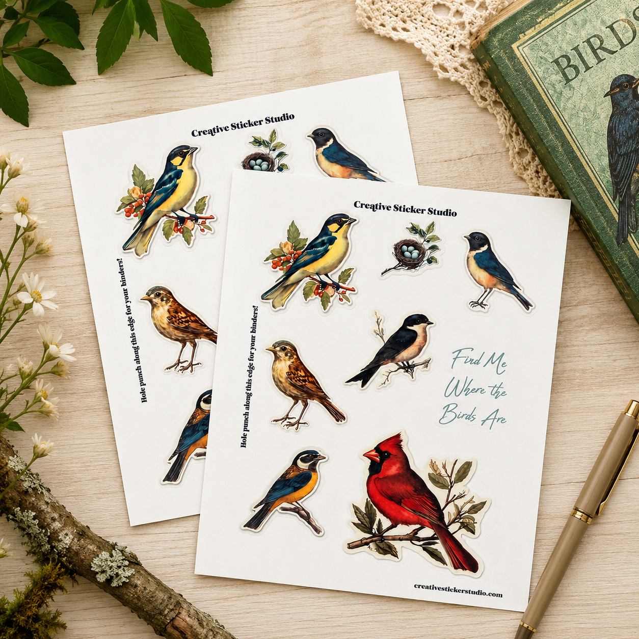 Two sticker sheets featuring various bird illustrations and the text 'Creative Sticker Studio' and 'Find Me When the Birds Are Singing,' styled on a wooden surface with a green book, pen, lace, and small flowers.