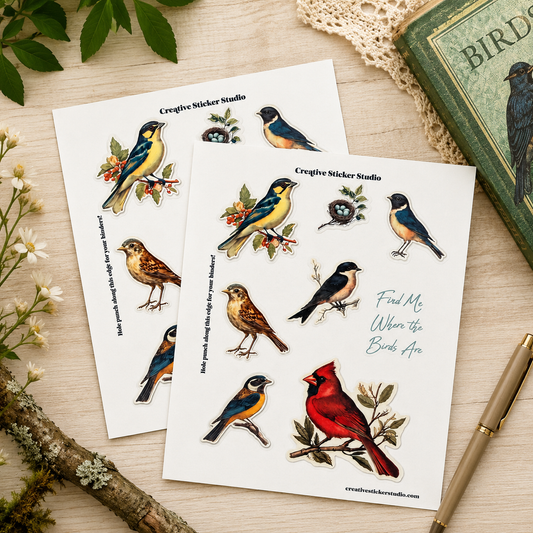 Two sticker sheets featuring various bird illustrations and the text 'Creative Sticker Studio' and 'Find Me When the Birds Are Singing,' styled on a wooden surface with a green book, pen, lace, and small flowers.