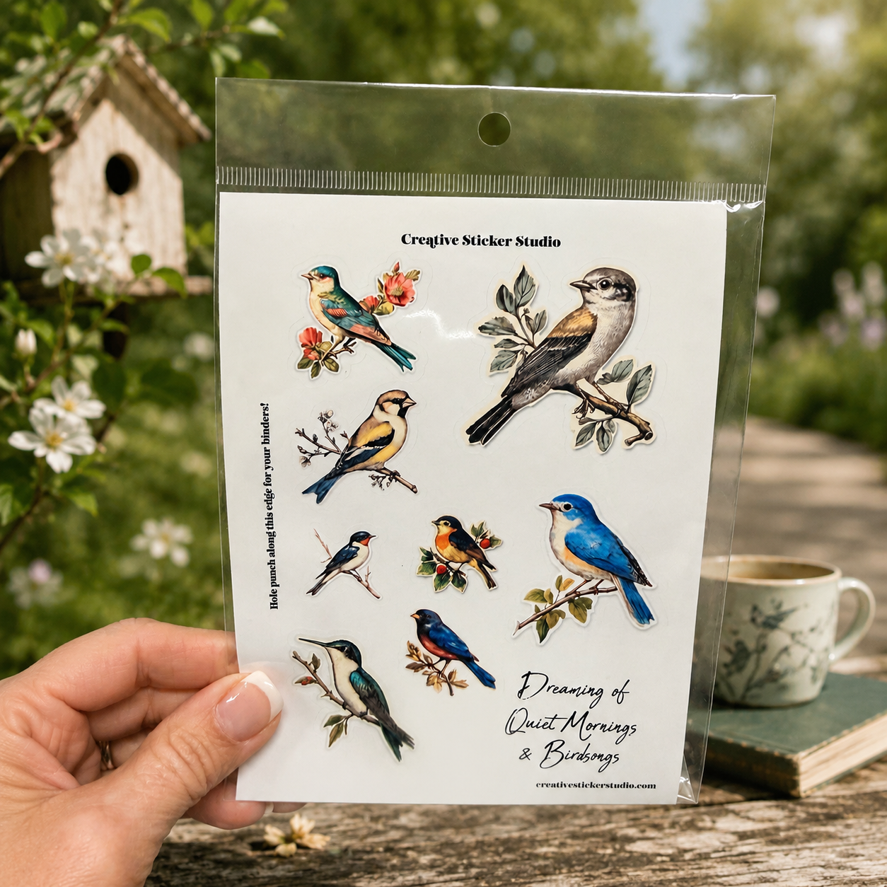 A hand holds a clear plastic package of bird-themed stickers outdoors. The package contains nine illustrated birds in blue, yellow, orange, brown, and gray tones on a white backing sheet.