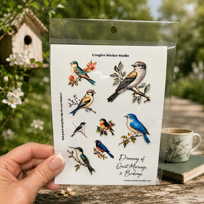 A hand holds a clear plastic package of bird-themed stickers outdoors. The package contains nine illustrated birds in blue, yellow, orange, brown, and gray tones on a white backing sheet.