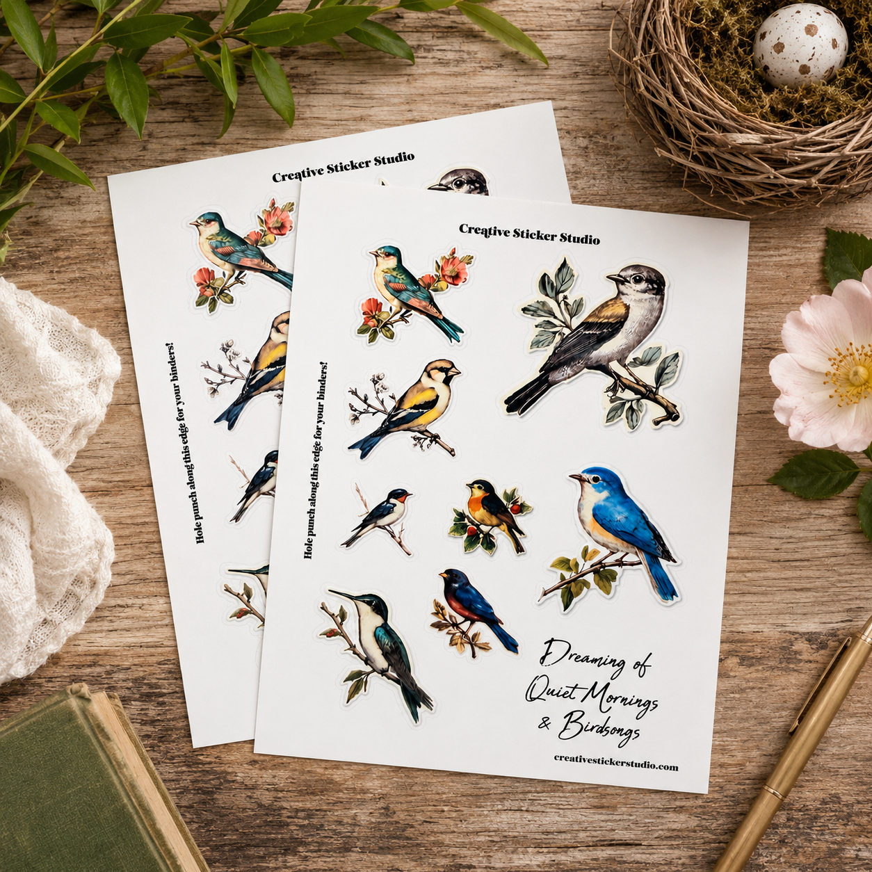 Two sticker sheets featuring hand-drawn birds and flowers, styled on a rustic wooden table with a lace cloth, green leaves, a small bird's nest, and a pink flower.