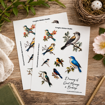 Two sticker sheets featuring hand-drawn birds and flowers, styled on a rustic wooden table with a lace cloth, green leaves, a small bird's nest, and a pink flower.