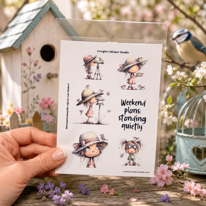 A hand holds a clear plastic sleeve containing a sheet of whimsical sticker designs. The stickers feature a cute girl with a large hat and glasses in various poses, with the text 'Creative Sticker Studio' and 'Weekend plans: standing quietly'.
