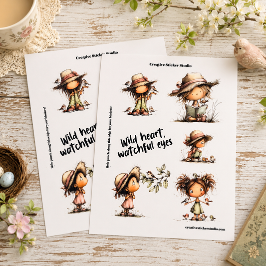 Two printed sticker sheets featuring cute illustrated children wearing wide-brimmed hats, arranged on a rustic whitewashed wooden surface with floral props and a small bird figurine around them. The sheets include the text 'Creative Sticker Studio' and phrases like 'Wild heart, watchful eyes' and 'Who knows what's coming next for you?'.