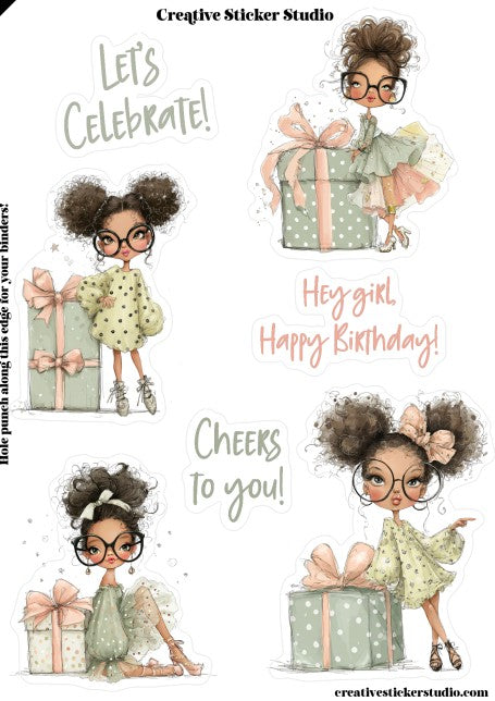 Sticker Sheet Set of 2 - Birthday Curly Brunette