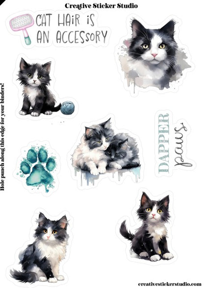 Sticker Sheet Set of 2 - Black & White Kitty Cats Dapper