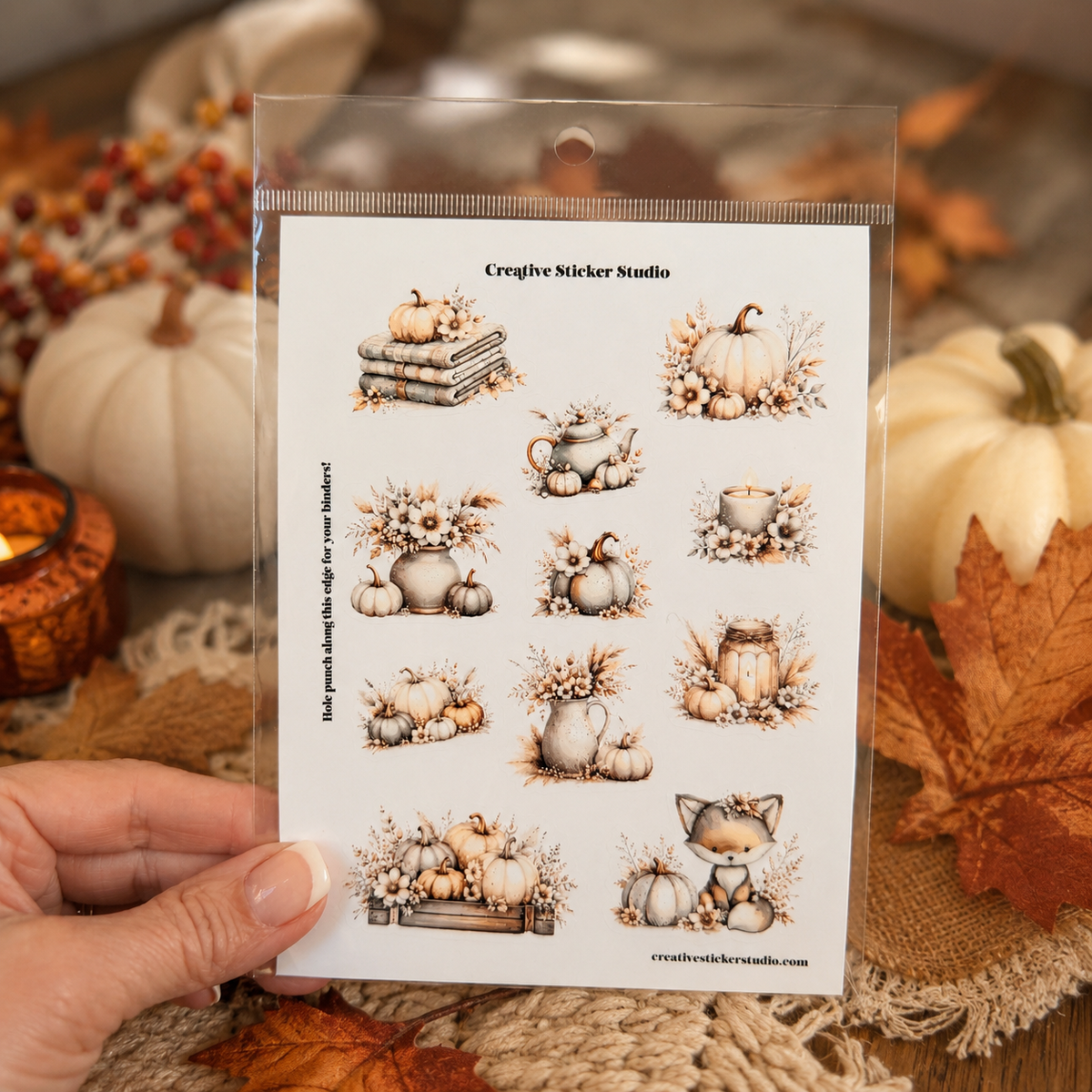A hand holds a clear plastic bag containing a sheet of fall-themed sticker designs from Creative Sticker Studio. The stickers feature illustrations of pumpkins, gourds, books, a teapot, sunflowers, and a cat in an autumn color palette.