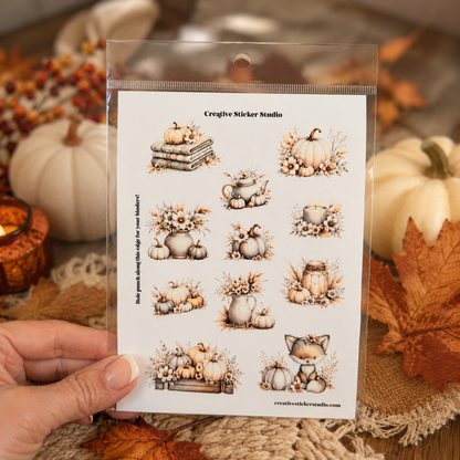 A hand holds a clear plastic bag containing a sheet of fall-themed sticker designs from Creative Sticker Studio. The stickers feature illustrations of pumpkins, gourds, books, a teapot, sunflowers, and a cat in an autumn color palette.