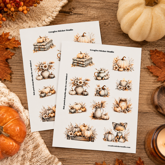 Two printed sticker sheets titled 'Creative Sticker Studio' displayed on a rustic wooden surface with autumn props including pumpkins, leaves, and a candle. The sheets feature illustrated pumpkins, gourds, books, and a fox in muted beige, brown, and gray tones.