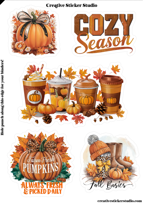 A sheet of autumn-themed sticker designs from Creative Sticker Studio, featuring pumpkins, fall leaves, coffee cups, pinecones, and text reading 'COZY Season', 'Farm Fresh PUMPKINS', and 'Fall Basics'.