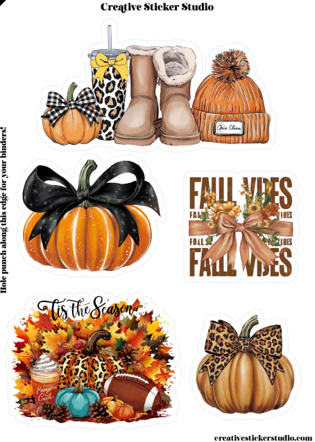 A sheet of autumn-themed sticker designs from Creative Sticker Studio, featuring watercolor illustrations of pumpkins, a beanie, boots, fall leaves, football, and seasonal text on a white background.