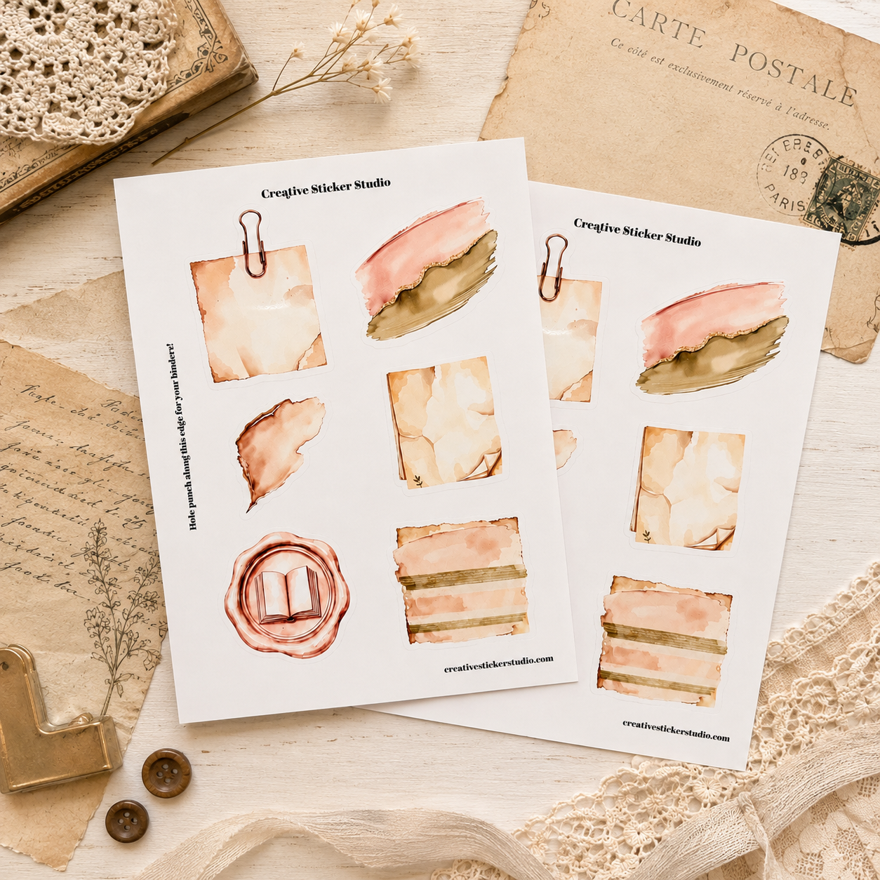 Sticker Sheet Set of 2 - Cozy Reader Junk Journal Paper Clip & Seal