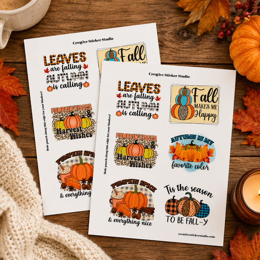 Two printed sticker sheets with autumn-themed designs are arranged on a rustic wooden surface with fall leaves, a knitted blanket, and a candle. The stickers include phrases like 'LEAVES are falling AUTUMN is calling' and 'Fall MAKES ME Happy,' along with illustrated pumpkins and plaid patterns.