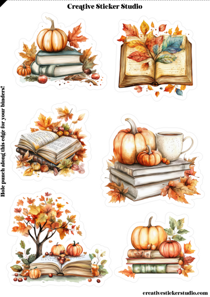 A sheet of six die-cut autumn-themed stickers featuring watercolor illustrations of pumpkins, open books, leaves, acorns, and a mug on a white background. The sheet has 'Creative Sticker Studio' branding at the top and bottom.