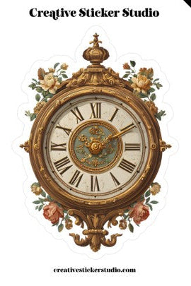 Decorative clock with floral elements and 'Creative Sticker Studio' branding.