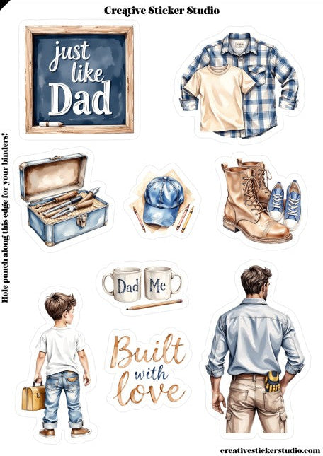 Collection of fatherhood-themed items including a shirt, boots, tools, and a boy with a suitcase, featuring text like 'just like Dad', 'Dad Me Built with Love'.