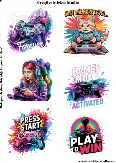 Sticker Sheet Set of 2 - Gamer Girl w Cat