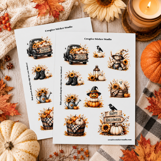 Two printed sticker sheets titled 'Creative Sticker Studio' displayed on a rustic wooden surface with autumn decor, including pumpkins, leaves, a candle, and a plaid cloth. The sheets feature Halloween-themed illustrations such as a black truck with pumpkins, sunflowers, boots, a teapot, a pumpkin lantern, a ghost, a bear, and a 'Happy Halloween' sign.