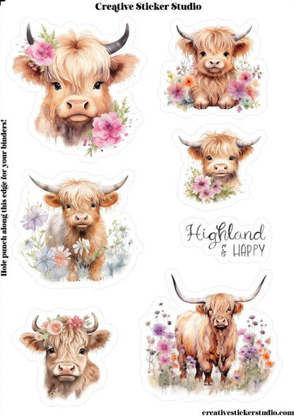 Sticker Sheet Set of 2 - Highland Cows Happy Floral