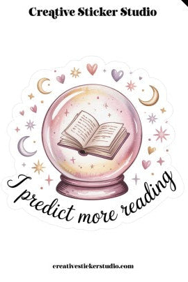 Decorative sticker with a crystal ball, book, and celestial elements on a white background.