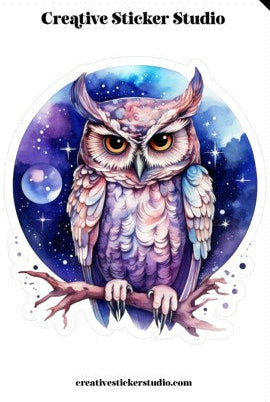Sticker with a stylized owl design on a blue and purple gradient background, featuring the 'Creative Sticker Studio' logo.