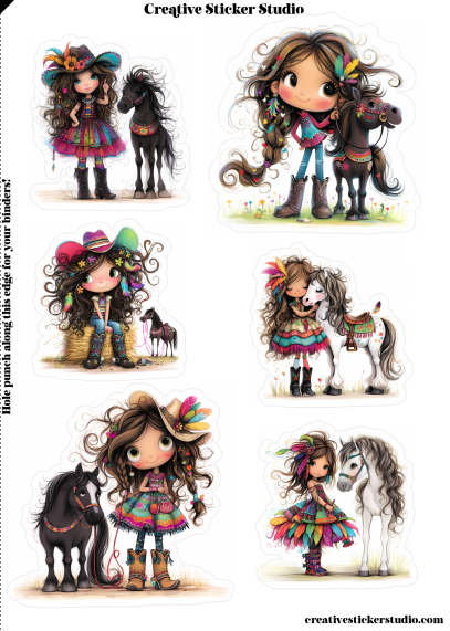A sheet of die-cut stickers featuring cute chibi-style cartoon girls with horses, shown on a white background with the text 'Creative Sticker Studio' at the top and a watermark at the bottom.
