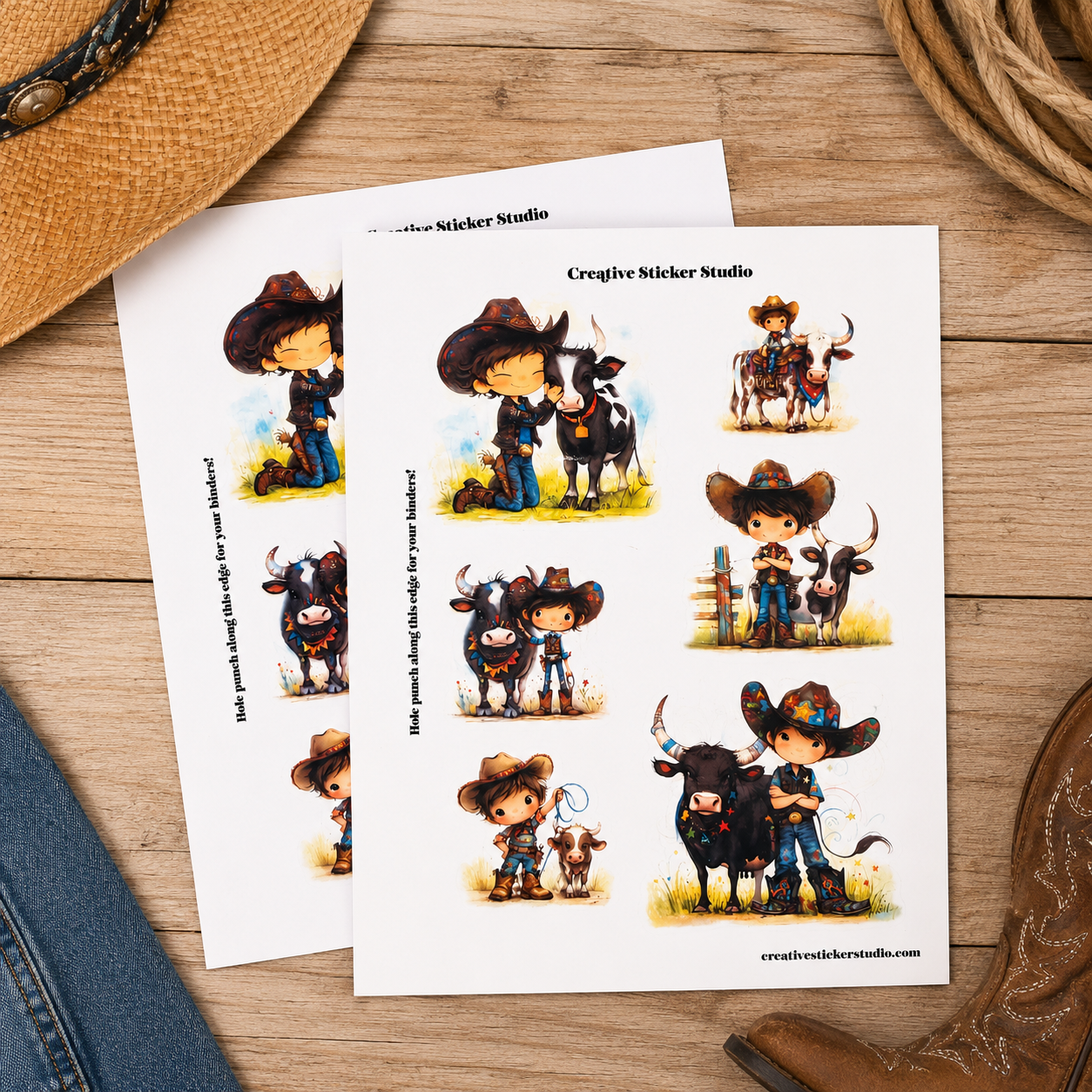 Two printed sticker sheets featuring chibi-style cowboy and cattle illustrations, arranged on a rustic wooden surface with a straw hat, jeans, rope, and boot as styled props.