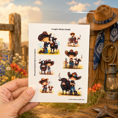 A hand holds a clear plastic sleeve containing a sticker sheet with cartoon cowboy and cowgirl illustrations. The sheet is branded 'Creative Sticker Studio' and features multiple chibi-style characters in western outfits.