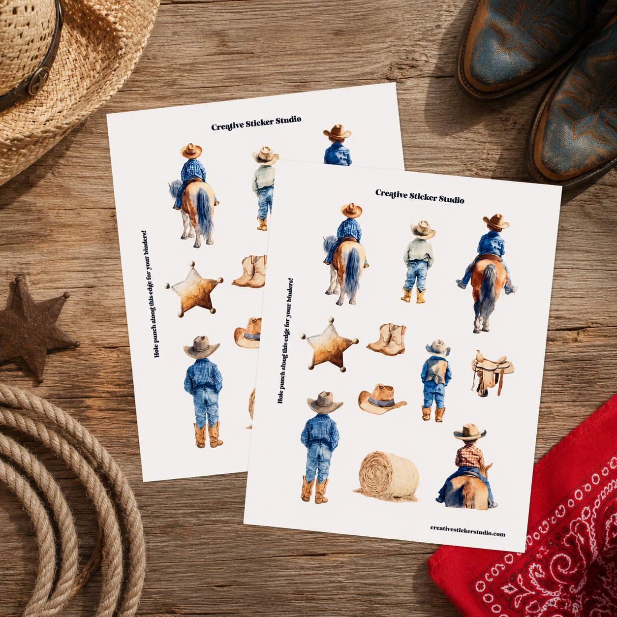 Two printed sticker sheets featuring watercolor cowboy illustrations, displayed on a rustic wooden surface with a straw hat, boots, rope, star, and red bandana around them. The sheets are branded 'Creative Sticker Studio'.