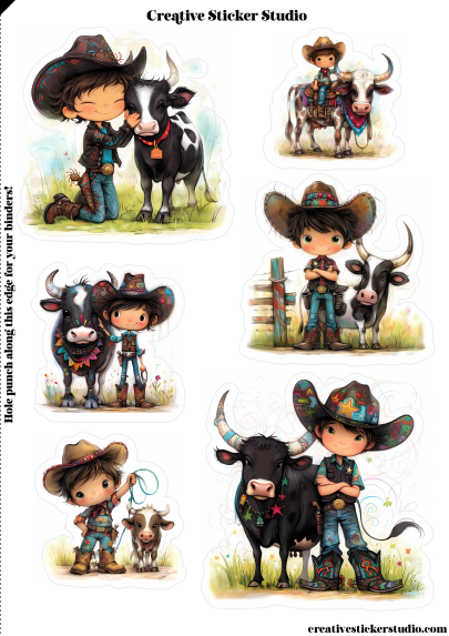 A sheet of die-cut stickers featuring cute chibi-style cowboy illustrations with cows, a goat, and a child, labeled 'Creative Sticker Studio' at the top and 'creativestickerstudio' at the bottom.