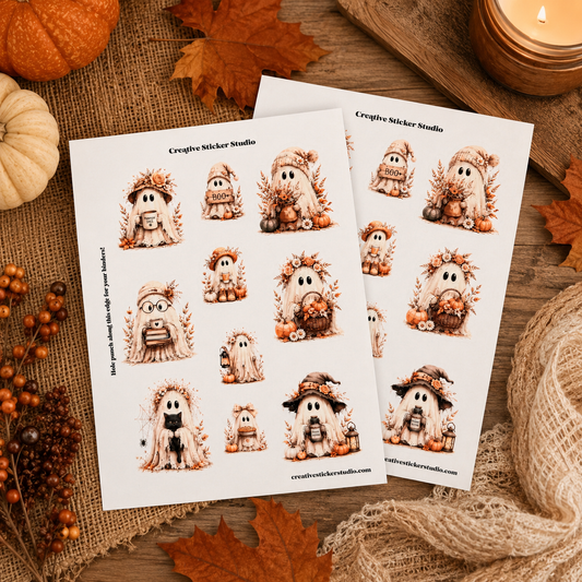 Two printed sticker sheets featuring cute ghost Halloween designs, styled on a rustic autumn-themed background with pumpkins, leaves, and a candle.
