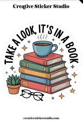 Illustration of books, a cup, glasses, and a plant with text 'Take a look, it's in a book' on a white background.