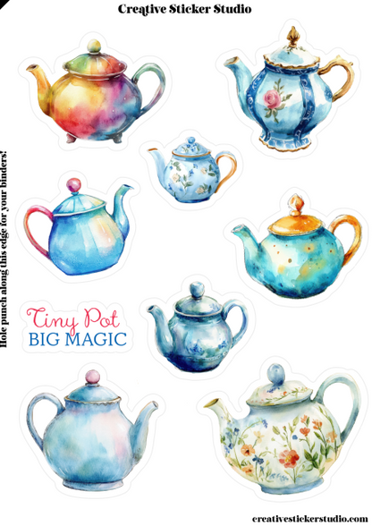 A sheet of watercolor-style tea kettle stickers from Creative Sticker Studio, featuring multiple designs in pastel and bright hues including blue, pink, yellow, and floral patterns, with text reading 'Tiny Pot BIG MAGIC' and 'Hole punch along this edge for 3 your thinkers!'.