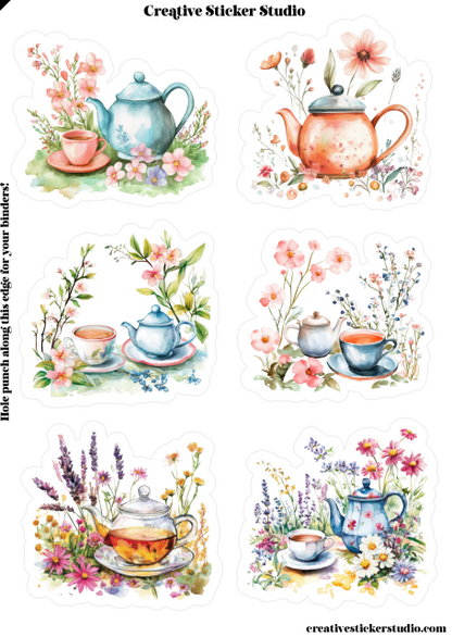 A sheet of six watercolor-style tea-themed stickers with floral arrangements, teapots, cups, and saucers, plus printed text reading 'Creative Sticker Studio' and a website at the bottom.