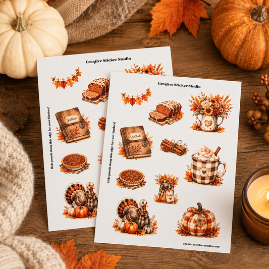 Two printed sticker sheets with autumn-themed illustrations, styled on a wooden surface with pumpkins, fall leaves, a candle, and a knit sweater around them. The sheets are branded Creative Nicker Studio.