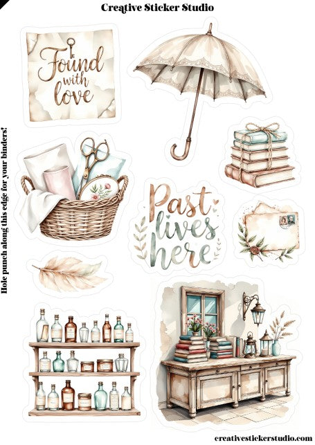 Collection of vintage-style illustrations including an umbrella, books, a basket, bottles, and a cabinet with decorative elements.
