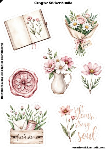 Collection of floral illustrations and stationery items with 'Creative Sticker Studio' branding.