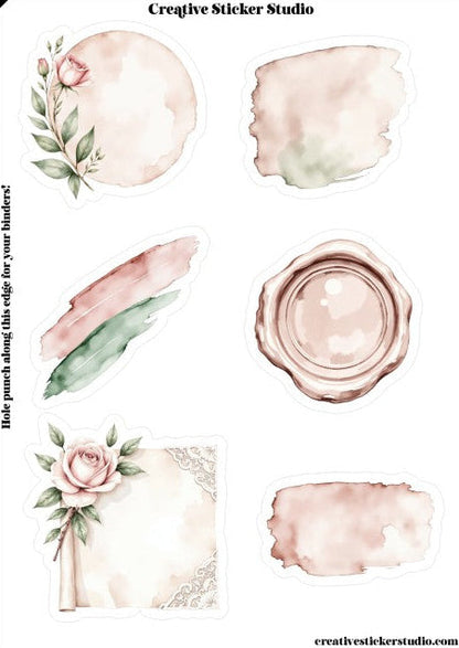 Collection of watercolor-style elements including flowers, leaves, and abstract shapes on a white background.