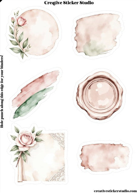 Collection of watercolor-style elements including flowers, leaves, and abstract shapes on a white background.