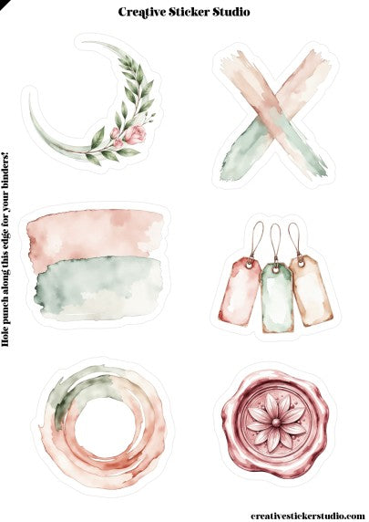 Collection of watercolor designs including flowers, leaves, and decorative elements on a white background.