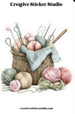 Colorful yarn balls and knitting needles on a textured surface with 'Creative Sticker Studio' branding.